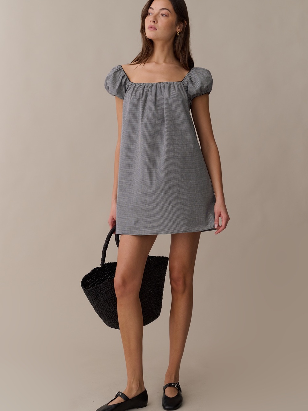 Kourt Few Moda Nya Cotton Mini Dress Black White Gingham Puff-Sleeve NWT - Picture 4 of 7